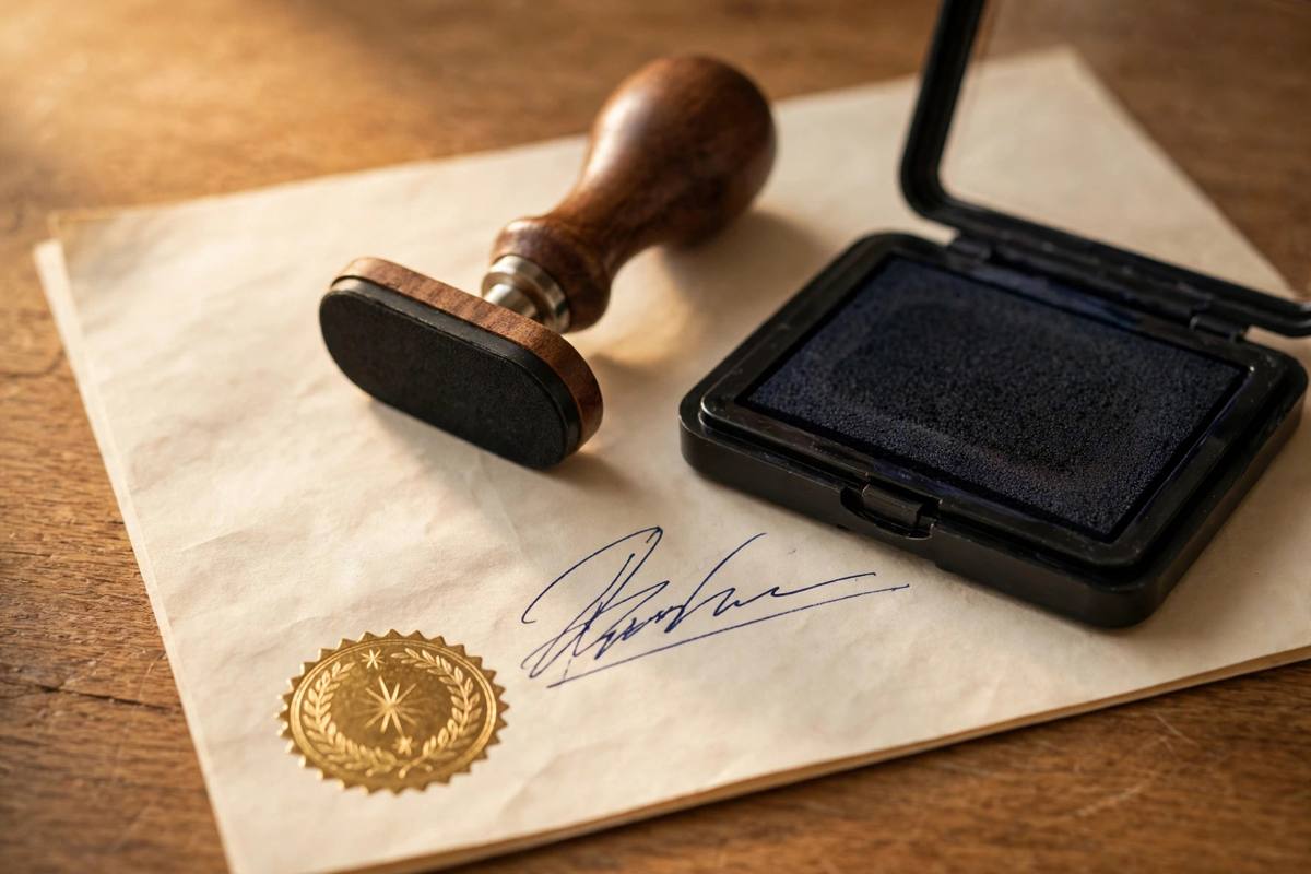 A notary stamp and ink pad resting on a signed certificate