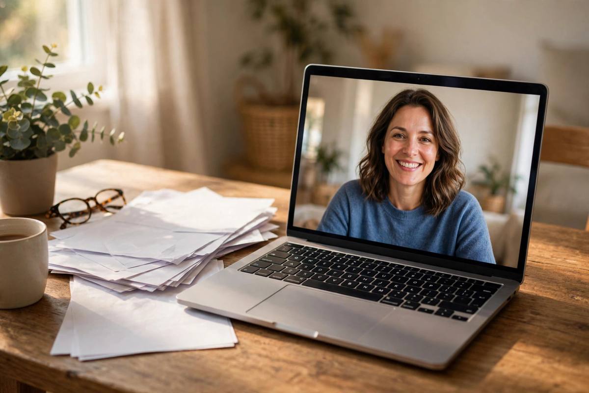 A laptop on a desk during an online notarization video session