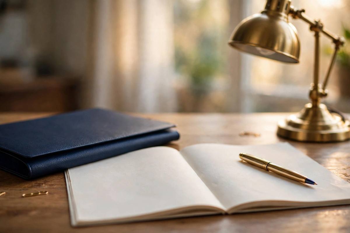 A notary's desk with an open document, a pen, and a navy folder
