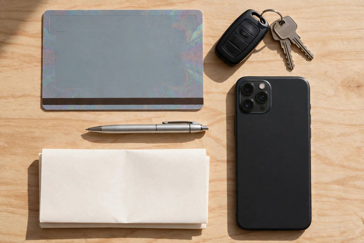 Keys, a pen, a smartphone, and an ID laid out ready for a notary appointment